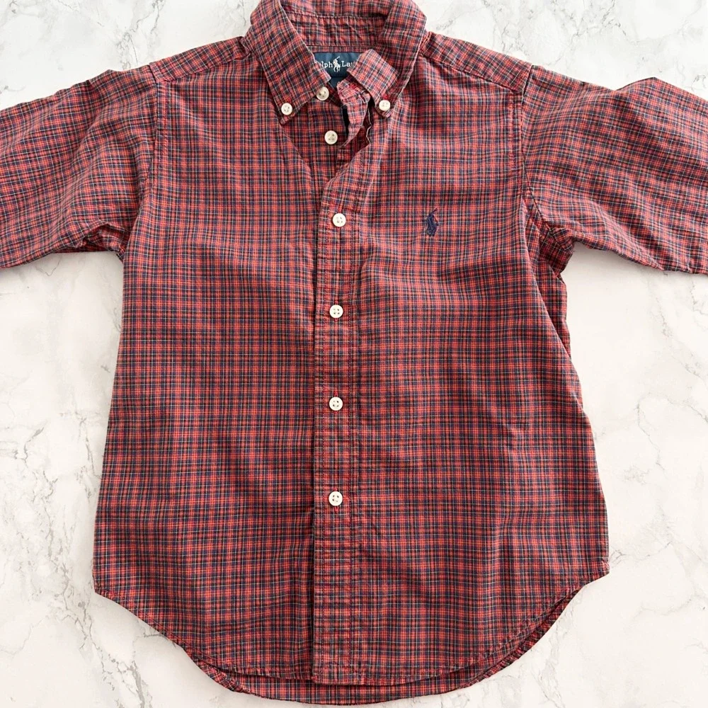 Ralph Lauren Cotton Long Sleeve Plaid Red Button Down Shirt Kids Size 4